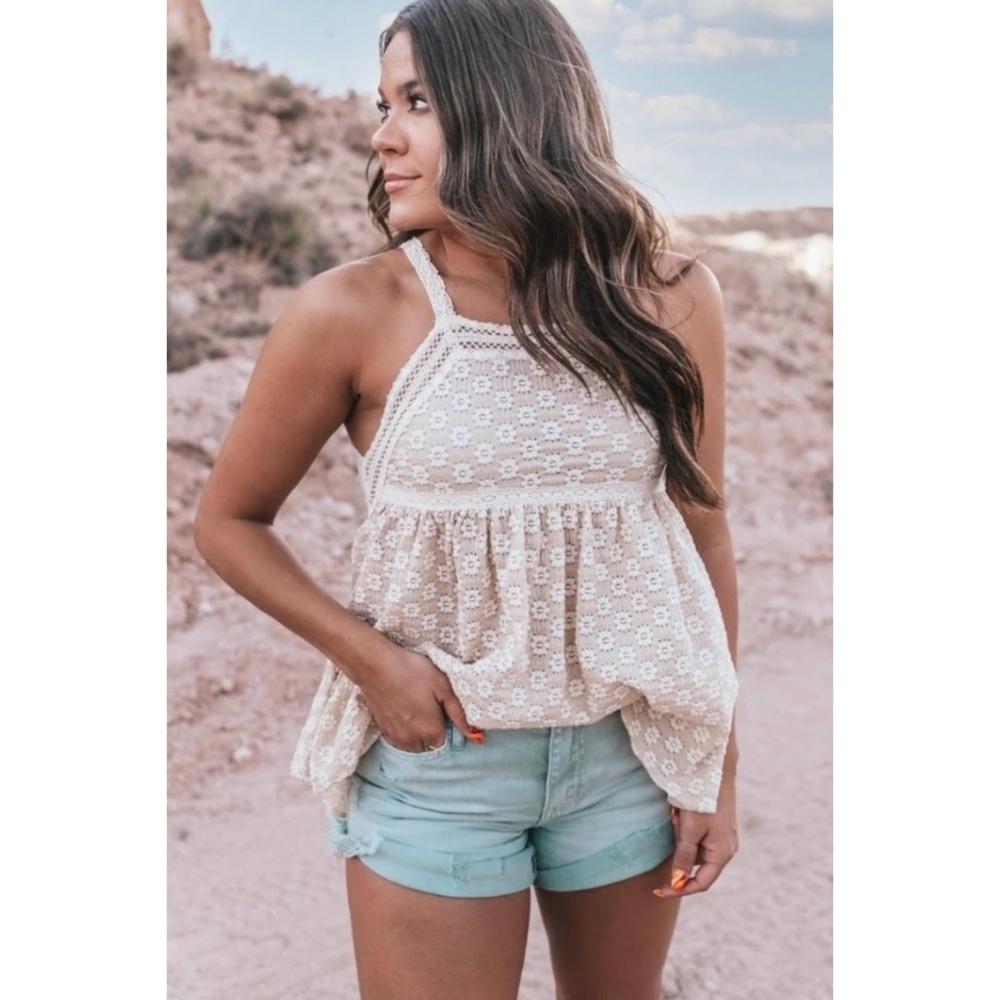 POL Tan Floral Embroidered Lace Trimmed Babydoll Top with Back Bow Tie - Picture 2 of 9